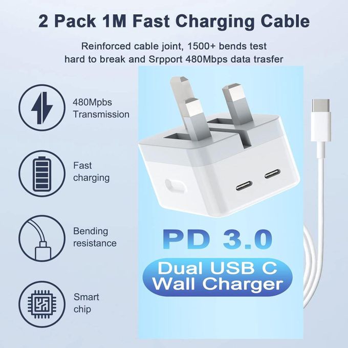 50W Fast Charger Plug with Dual USB-C Ports & Type C to Type C Cable - White