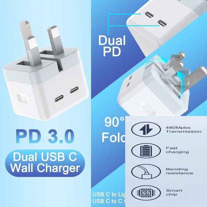 50W Fast Charger Plug with Dual USB-C Ports & Type C to Type C Cable - White